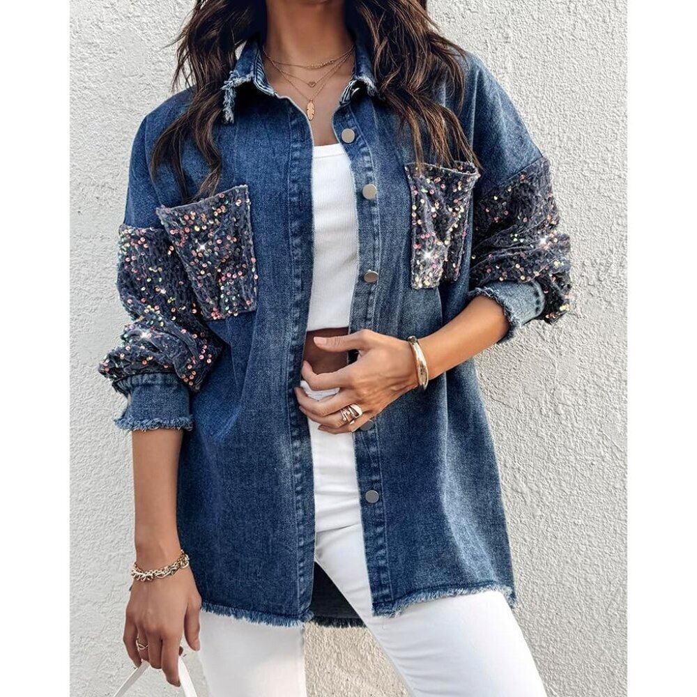 Women's Casual Denim Jacket Contrast Sequin Long Sleeve Denim Jackets Blue - Picture 5 of 7